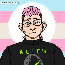a picrew image of cody, with a pink side-shave, hexagonal glasses, scruff on his chin, and an alien sweater.
